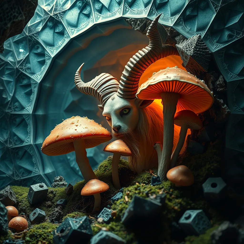 Satyr eating mushrooms and breaking through to another dimension full of geometric fractal patterns, HD photography. - Image