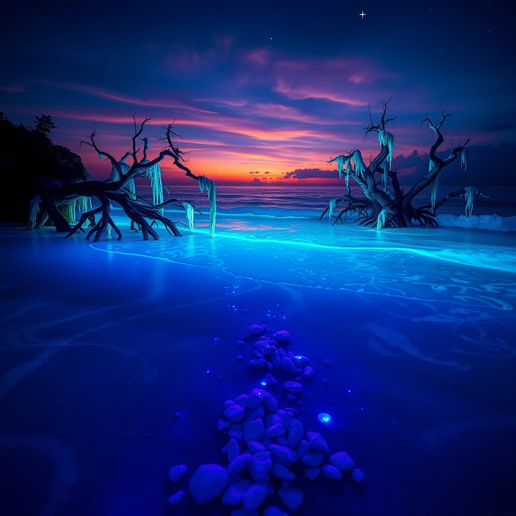 A breathtaking bioluminescent beach at twilight. The sand glows a soft blue, dotted with swirling patterns of aqua and purple. Gentle waves lap at the shore, each crest illuminated with ethereal green light. In the near distance, twisted mangrove trees emerge from the water, their roots and branches adorned with hanging tendrils of glowing moss in various shades of blue and teal. The sky above is a deep indigo, transitioning to a warm orange at the horizon where the sun has just set. Wispy clouds are tinged with pink and lavender. Stars are beginning to twinkle in the darker portions of the sky. In the foreground, a path of softly glowing white pebbles leads into the scene, creating a sense of depth and inviting the viewer to imagine stepping into this magical landscape. The overall atmosphere is serene and otherworldly, with a color palette dominated by cool blues and teals, accented with touches of purple, green, and warm sunset hues.