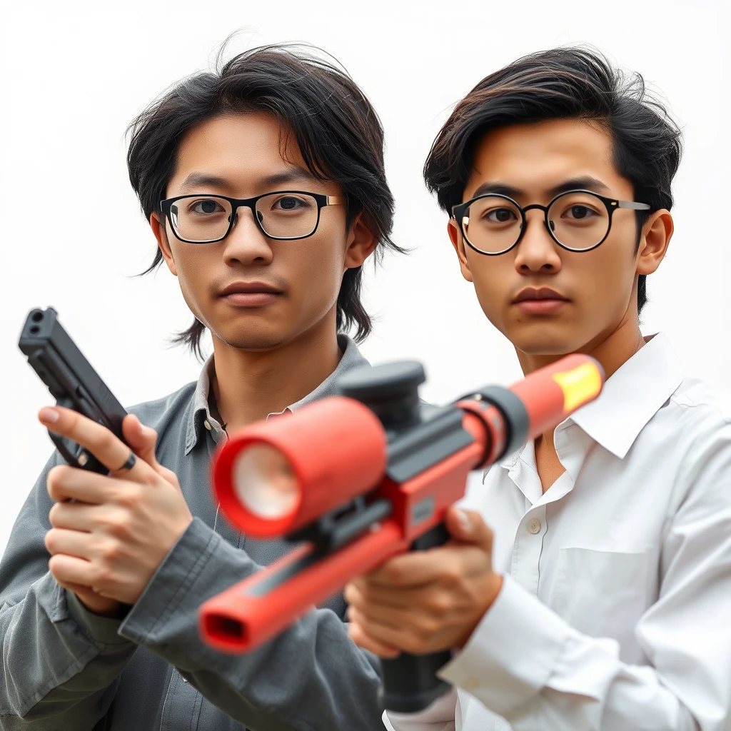 A 21-year-old Chinese man with square glasses and medium-to-long length hair is holding a pistol; a 20-year-old young Italian man with round prescription glasses and short hair is holding a red flamethrower. - Image