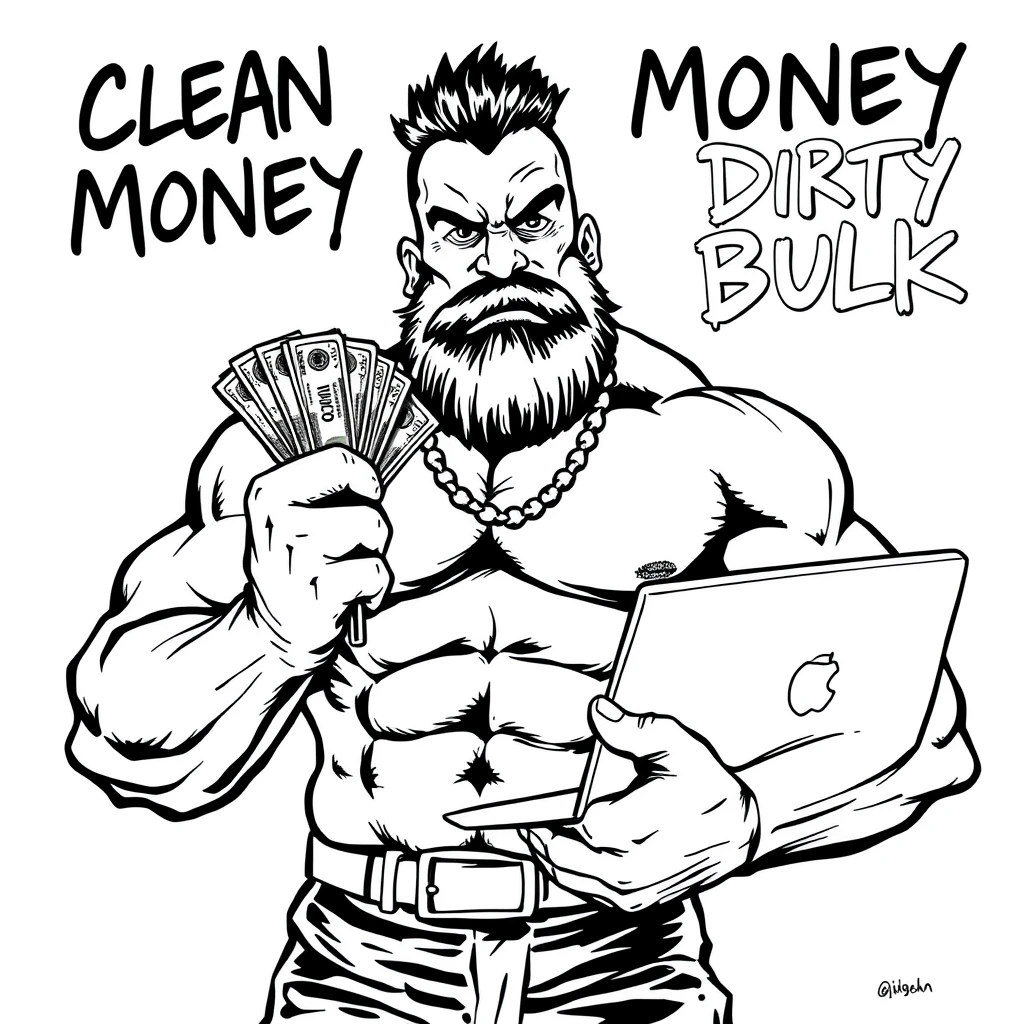 Black ink comic monochromatic style of a muscular gigachad holding a wad of cash and a MacBook. Text says “Clean Money Dirty Bulk.”