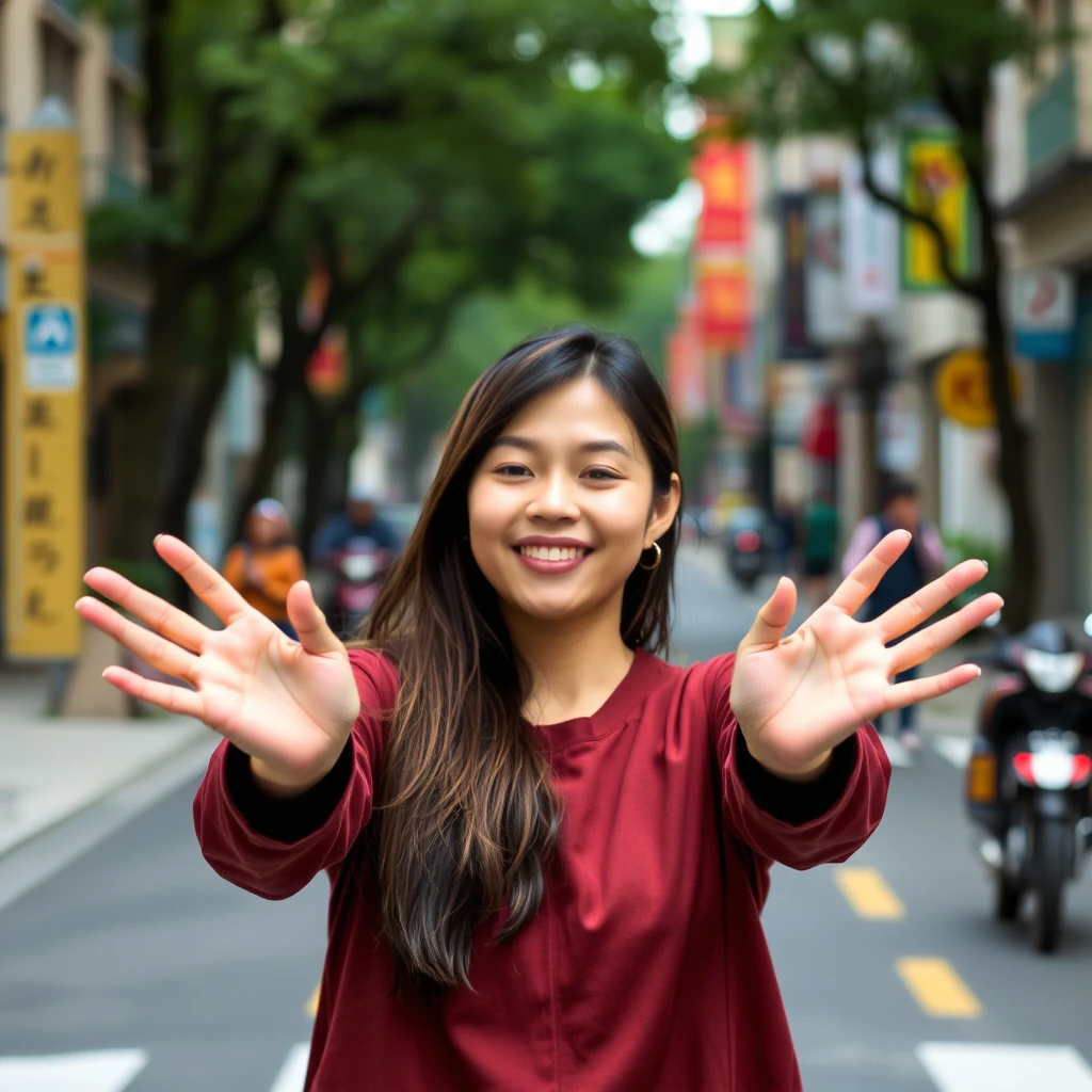 Asian woman holding hands out in the middle of the street.