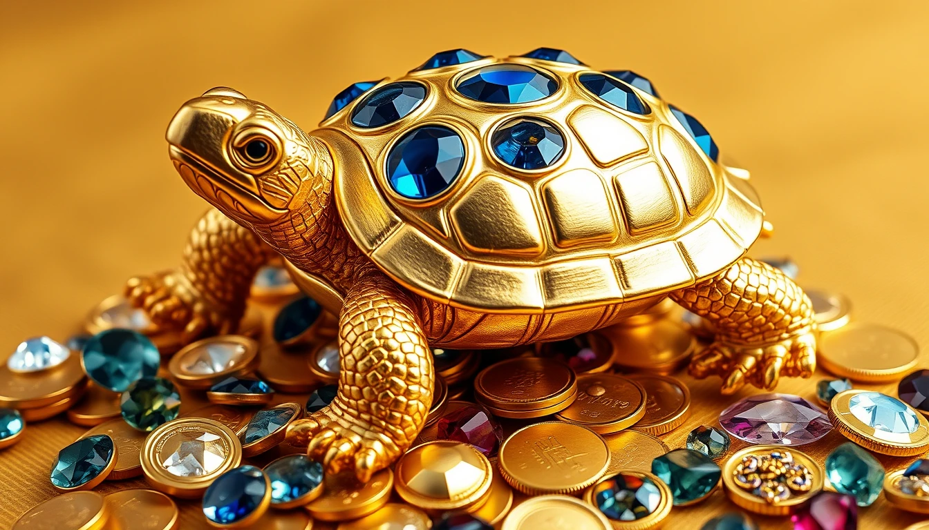 A golden turtle with blue gems on its shell, standing on a pile of gold coins and multi-colored gemstones. The turtle is isolated on a golden background. It is made of high-grade textured metal material, sparkling gold with dazzling light effects. The artwork has a delicate metallic luster with three-dimensional colors, captured through high-definition photography with high resolution to show super detailed details, in the style of a Chinese artist. - Image