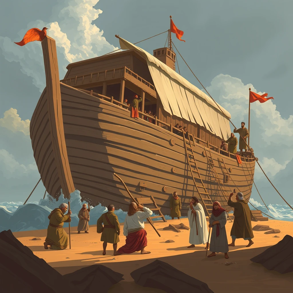 "Show Noah diligently building a large ark, with his people mocking him for building a ship on dry land."