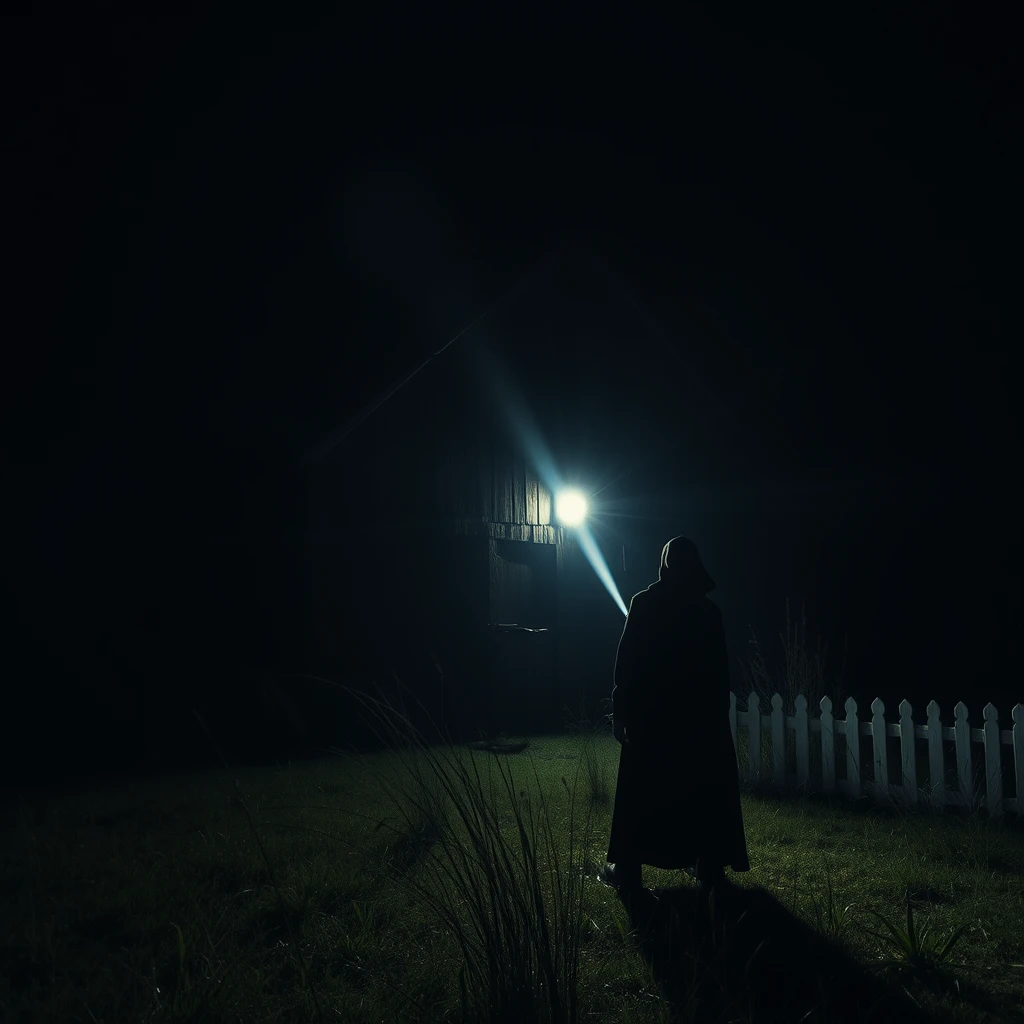 Mysterious figure lurking near an abandoned old barn without electricity, pitch dark ambience under the dark night, someone shines an incandescent flashlight towards the old barn, dramatic shadows, suspenseful mood, cinematic style, neglected yard with tall grass and a white picket fence, 4k --ar 4:3 - Image