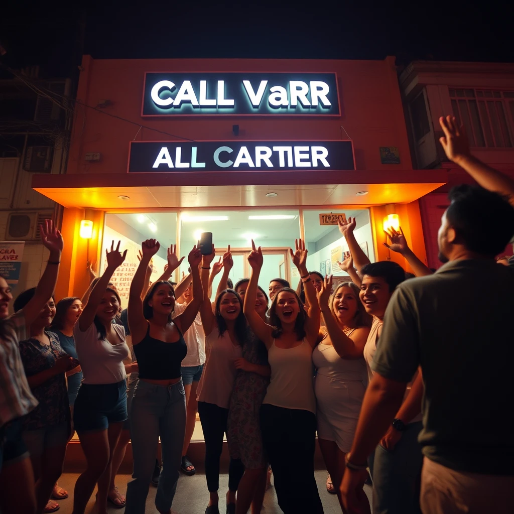 People are happily celebrating in front of a call center office in Guatemala as if it were a nightclub, in wide-angle 16:9 and using theatrical camera, shot from ground level, with an aesthetic similar to that of a 1980s and 1990s movie.