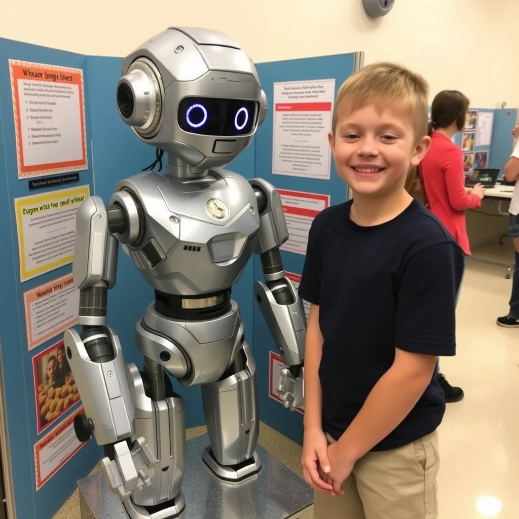 A boy is pleased by a life-size fembot for his science fair project.