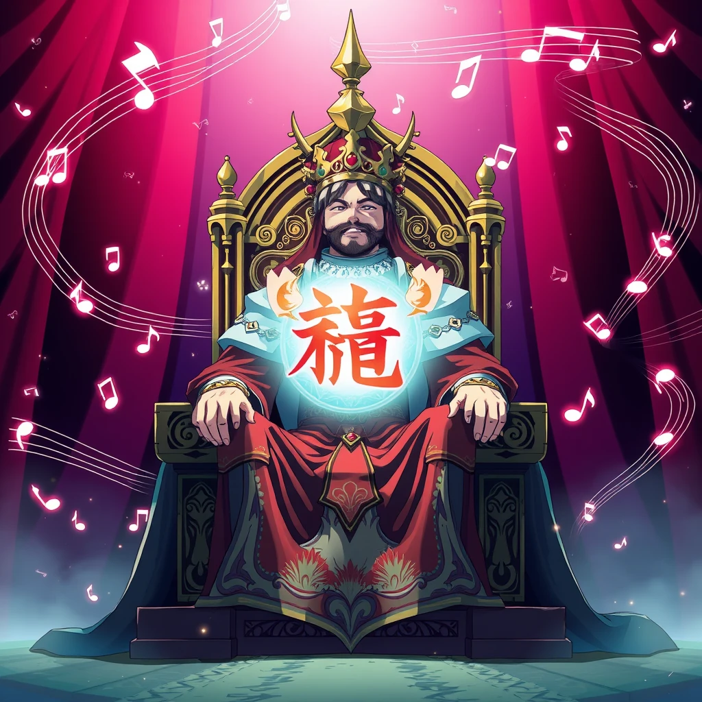  an anime-style drawing of a king sitting on his throne, with a look of great joy and fascination, surrounded by beautiful music notes and a large竽乐器 in the center, long exposure, ((masterpiece))