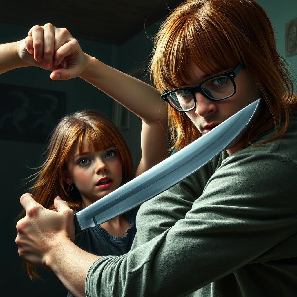 A horror scene; a short skinny teenage girl with long ginger hair and bangs, green eyes, wielding a knife and attacking a tall young Italian white guy who is wearing glasses. - Image