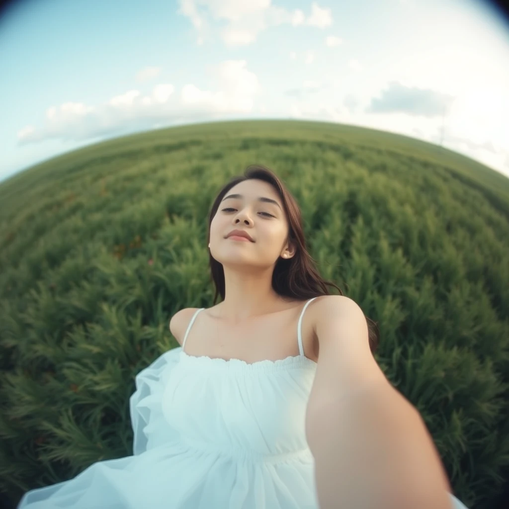 A serene, blissful POV scene of a young woman in a white dress. - Image