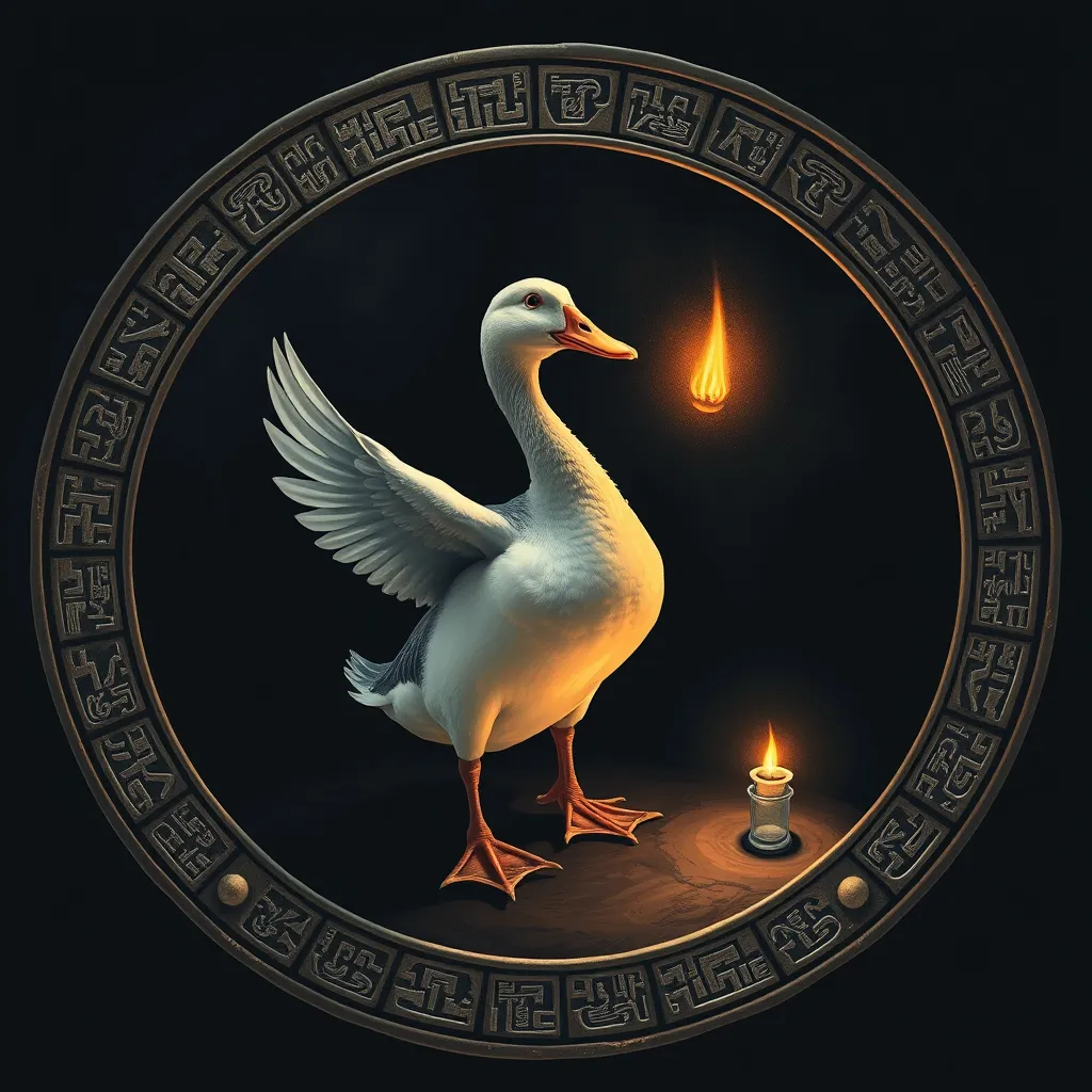 Duck performing a ritual standing within a magic circle with ancient runes, dark background.