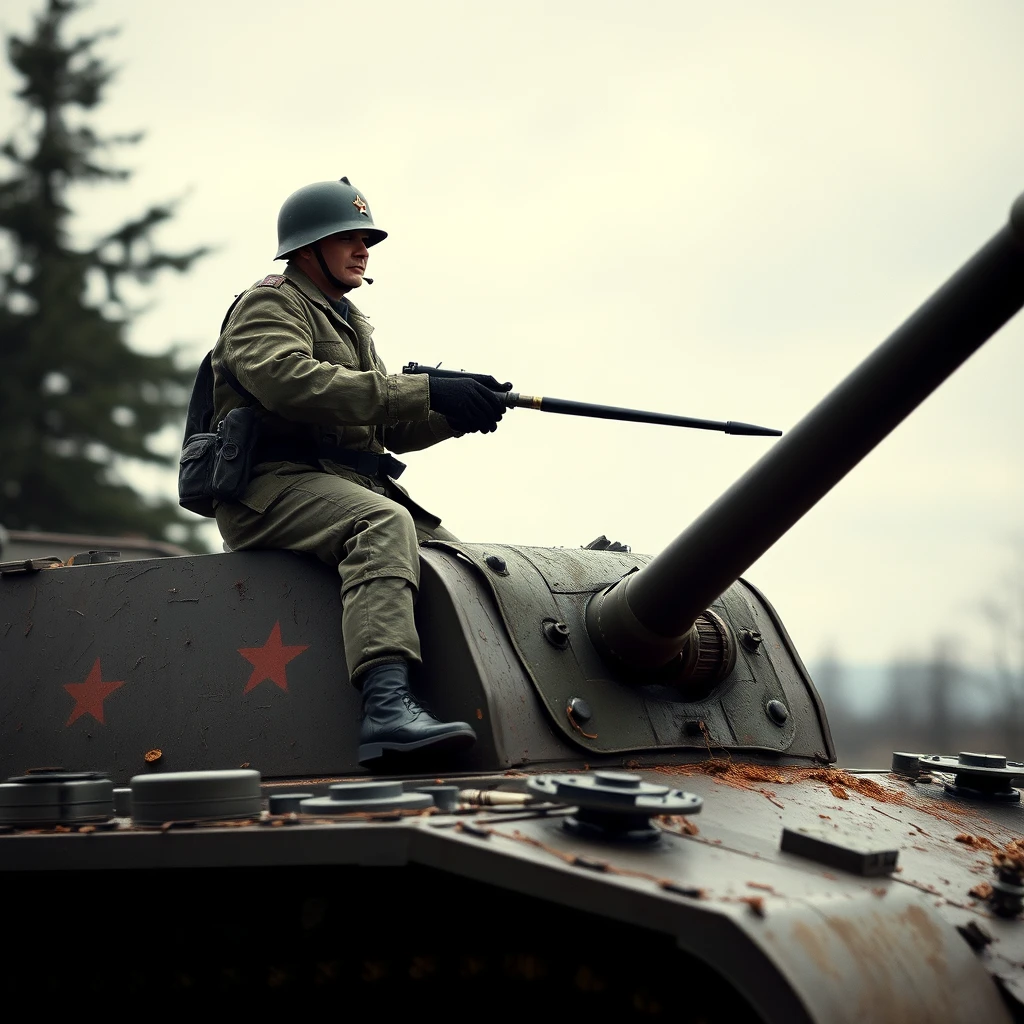 a Soviet soldier on a tank - Image