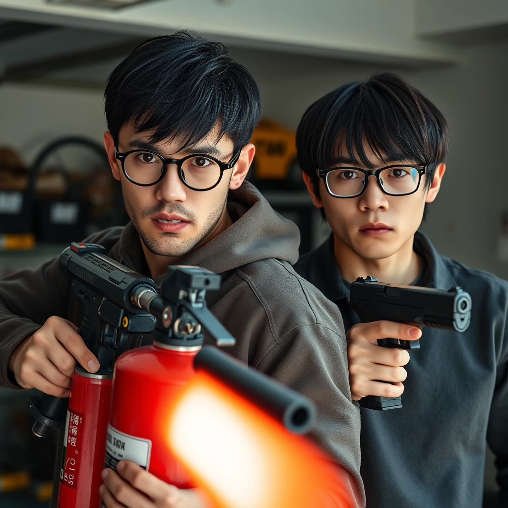 21-year-old very fair-skinned Italian man wearing round glasses and short black hair, holding a very large fire extinguisher flamethrower.  
And a 21-year-old white northern Chinese man with a thin long face, wearing square glasses, mid/long fringe black hair, holding a Glock.  
Both are angry; with murderous intent, in a garage setting. - Image