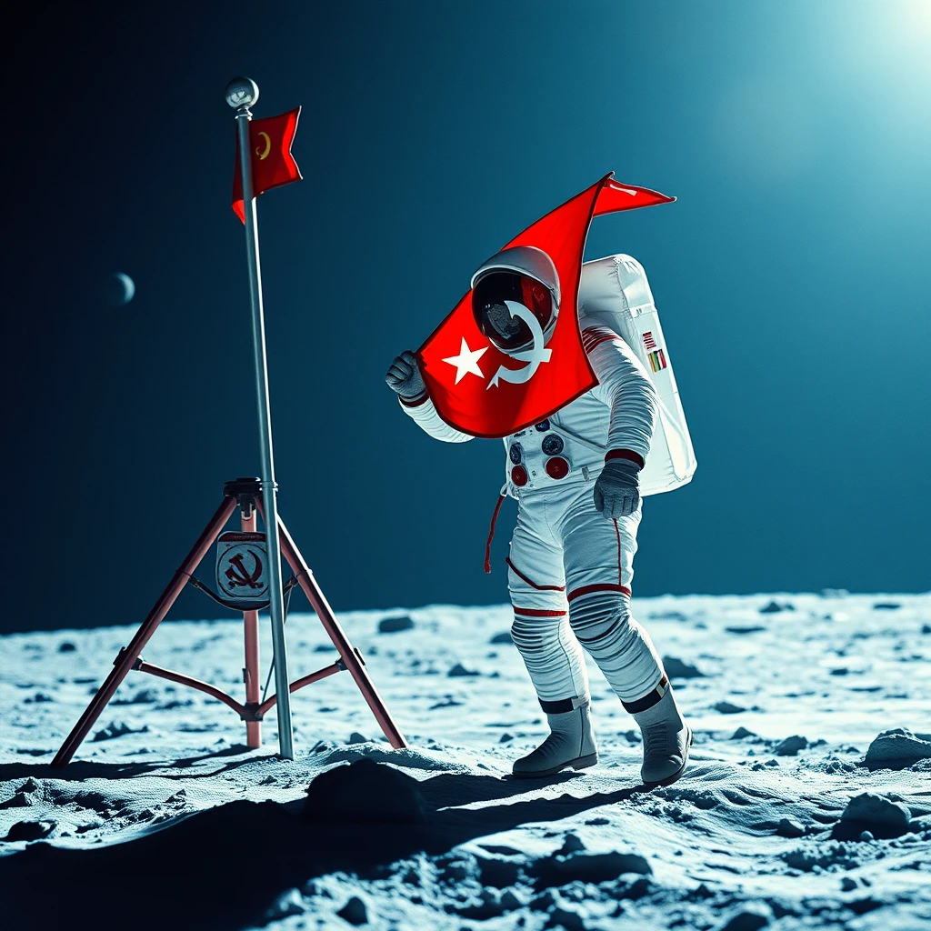 Cosmonaut putting the flag of the Soviet Union on the Moon - Image