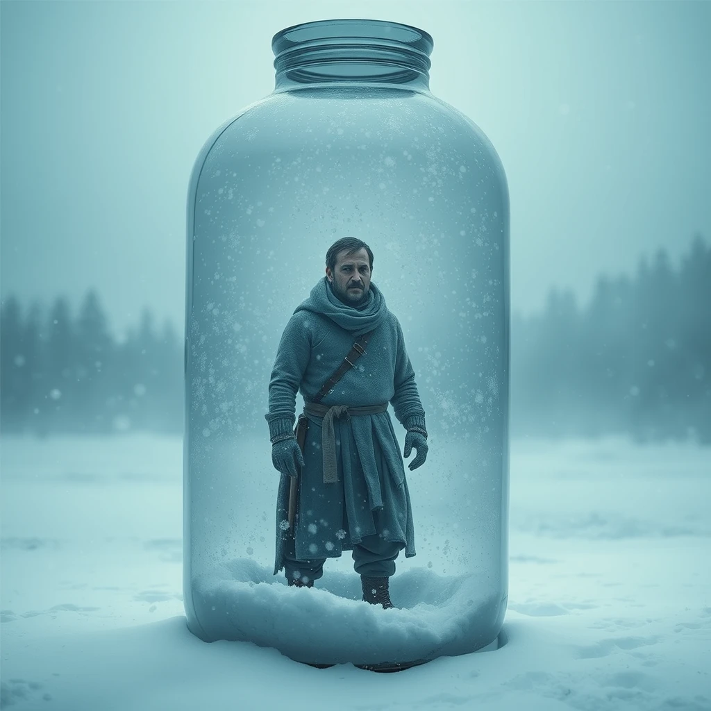 **Theme and Atmosphere**:  
"Helpless Realm: A man dressed in thin clothing, looking haggard, stands inside a huge transparent glass bottle, surrounded by snow inside and out, creating a lonely and profound world."  
  
**Setting**:  
- "The background is filled with swirling snowflakes and the hazy outlines of a forest, primarily in light blue and gray tones, evoking a cold and desolate atmosphere."  
- "In the distance, the blurred outline of the forest can be vaguely seen within a snow-covered area, adding a sense of depth to the scene."  
  
**Glass Bottle and Snow Scene**:  
- "The glass bottle is presented with a transparent quality, filled with pure white snowflakes, showcasing rich details and clear layers, echoing the snowflakes outside."  
- "The edges of the bottle can be appropriately blurred to enhance the sense of transparency and spatial depth."  
  
**Character Description**:  
- "The man is dressed lightly, with a haggard face and deep-set eyes, banging against the glass bottle, gazing into the distant hazy sun."  
  
**Emotions and Meanings**:  
- "The entire image aims to convey a sense of helpless yet lonely beauty, allowing the viewer to feel the harmony between the man's inner world and the external environment."  
- "Through the metaphor of the glass bottle, one can explore the gap and connection between the individual and the outside world, as well as the insignificance of a person in the face of life."  
  
**Details and Decorations**:  
- "Pay attention to the handling of light and shadow effects, using the light reflected from the snowflakes to enhance the brightness and depth of the image."  
- "Without compromising the overall atmosphere, some small decorative elements, such as falling snowflakes and foliage in the cold wind, can be appropriately added."  
  
**Style and Technique**:  
- "Please use delicate and emotionally rich brushstrokes for creation, focusing on the harmonious combination of color and light."  
- "In composition, be mindful of balancing and contrasting elements, ensuring the scene is both stable and dynamic."   - Image