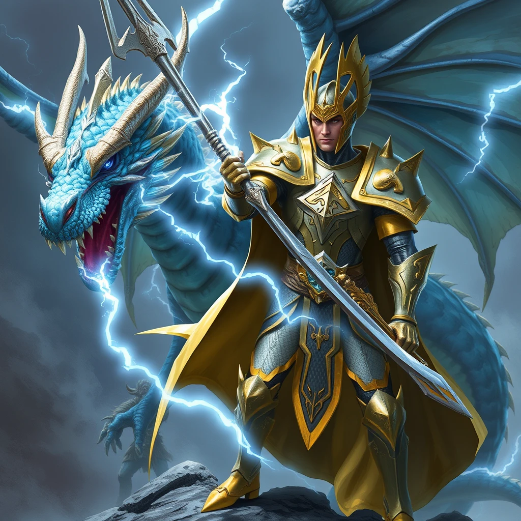 Gold and silver paladin devoted to Bahamut fighting a blue dragon with lightning scars across the dragon's body; the paladin doubled in size by an elf mage behind him. - Image