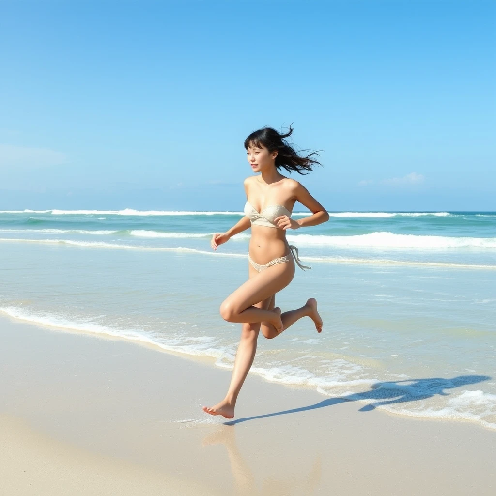 "Nude girl, Japanese, running on the beach, realistic."