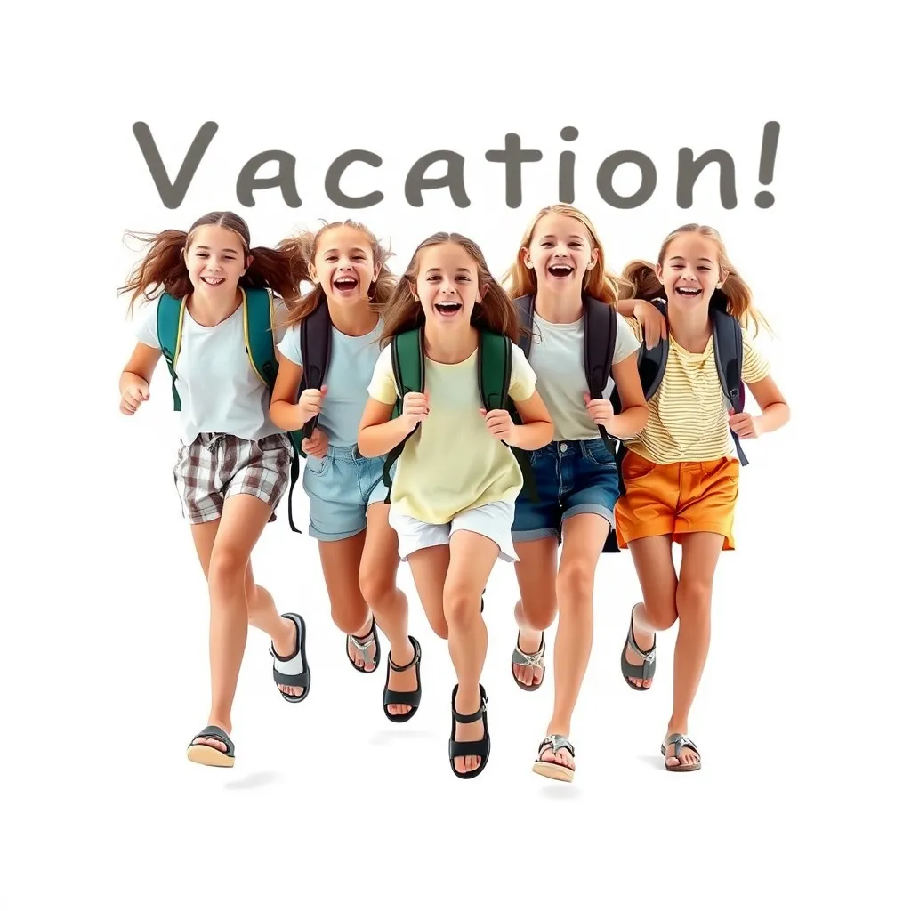 Create a photo with a group of teenage girls wearing summer clothing and sandals. They are joyfully running towards the camera because the vacation is starting. They are carrying school backpacks and cheering. The background is white, no text. The children are fully visible. - Image