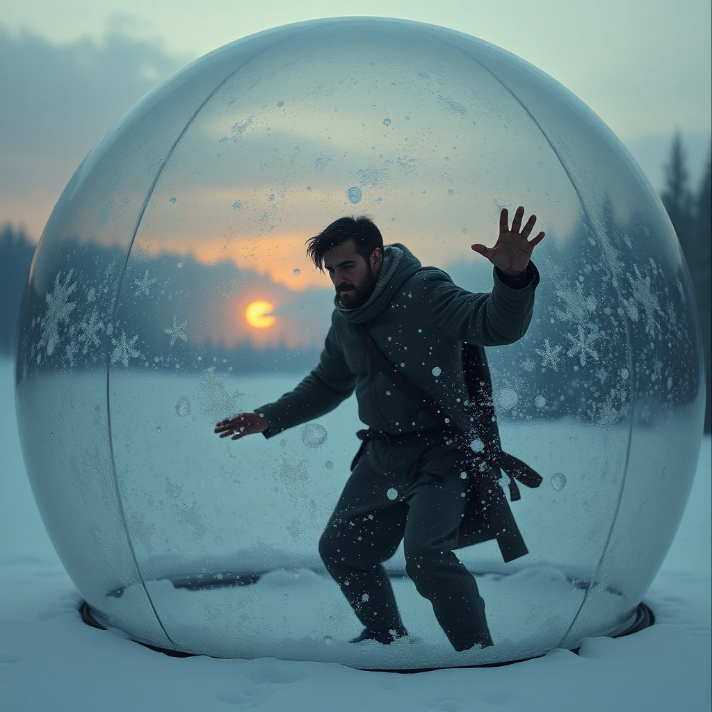 **Theme and Atmosphere**:  
“In a realm of helplessness: a man dressed in thin clothing and looking haggard stands within a massive transparent glass dome. He pounds against the dome with all his might, but to no avail. Both inside and outside is snow, creating a lonely and profound world. The glass dome symbolizes the invisible constraints of life.”  
  
**Background Setting**:  
- “The background is filled with snowflakes swirling in the air and the hazy outline of a forest, with the setting sun casting a blood-red hue.”  
- “In the distance, a vague outline of the forest is barely visible through a blurry snow-covered grove, adding depth to the scene.”  
  
**Glass Dome and Snow Scene**:  
- “The glass dome is depicted with a transparent texture, filled inside with pure white snowflakes, rich in detail and layers, echoing the snowflakes outside.”  
- “The edges of the dome may be suitably blurred to enhance the transparency of the glass and the depth of the space.”  
  
**Character Depiction**:  
- “The man is dressed in thin clothing, looks haggard, with deep-set eyes, pounding on the glass dome, gazing at the distant, hazy sun. His struggle and resistance should be conveyed, yet there's an overwhelming sense of helplessness.”  
  
**Emotions and Meaning**:  
- “The entire scene aims to convey a sense of helplessness and loneliness.”  
- “Through the metaphor of the glass dome, one can explore the barrier and connection between the individual and the outside world, as well as the insignificance and powerlessness of a person in the face of life.”  
  
**Details and Decorations**:  
- “Pay attention to the treatment of light and shadow, using the light reflected by the snowflakes to enhance the brightness and layered feel of the scene.”  
- “Without affecting the overall atmosphere, some small decorative elements can be added, such as falling snowflakes, or vegetation swaying in the cold wind.”  
  
**Style and Technique**:  
- “Oil painting style.”