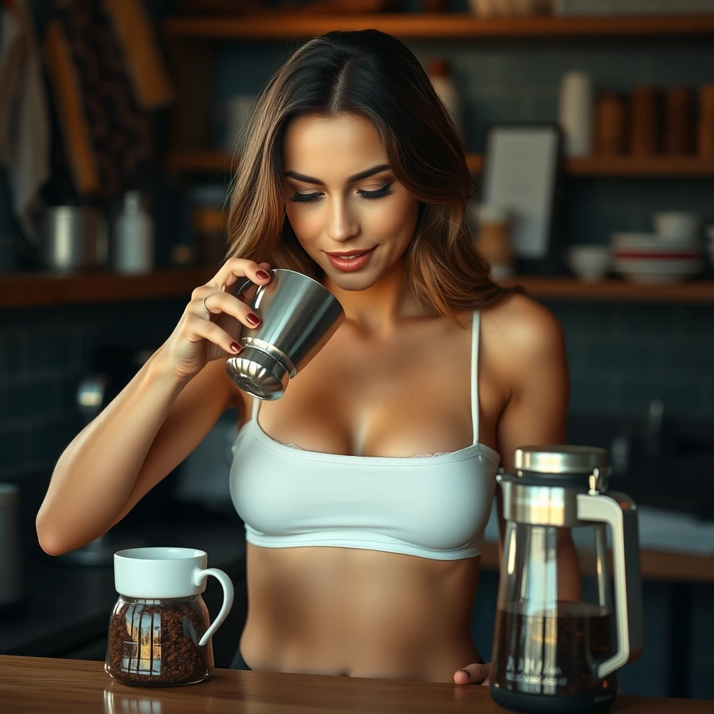 Woman in crop top, lots of skin showing, making coffee.