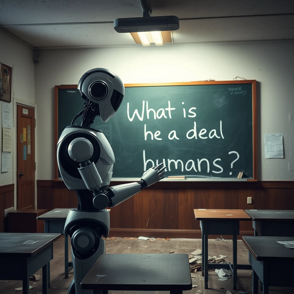 "What is the deal with humans?" a robot writes on a chalkboard inside of an abandoned classroom.