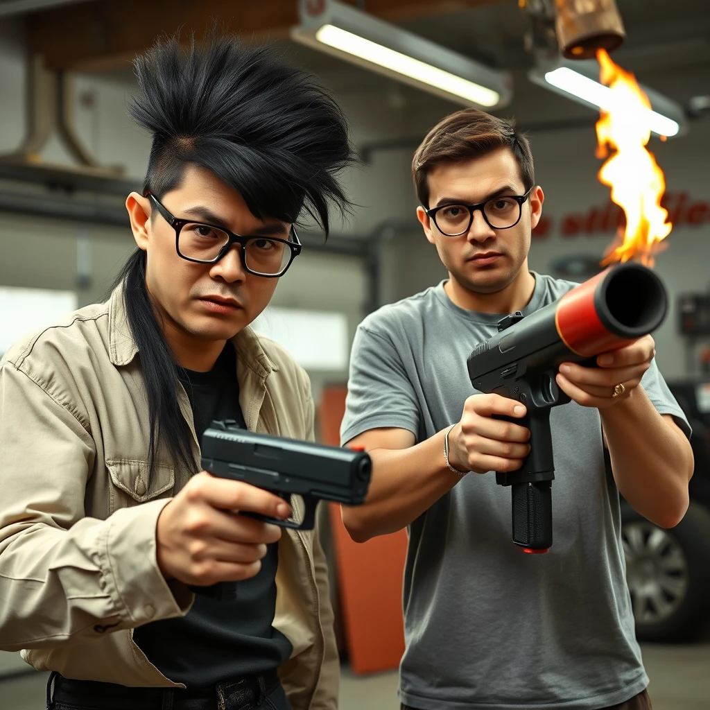 21-year-old white Chinese man with square glasses, long silky black mullet, holding a pistol; 21-year-old white Italian man with round prescription glasses and short hair holding a very large fire extinguisher flamethrower, in a garage setting, both angry.