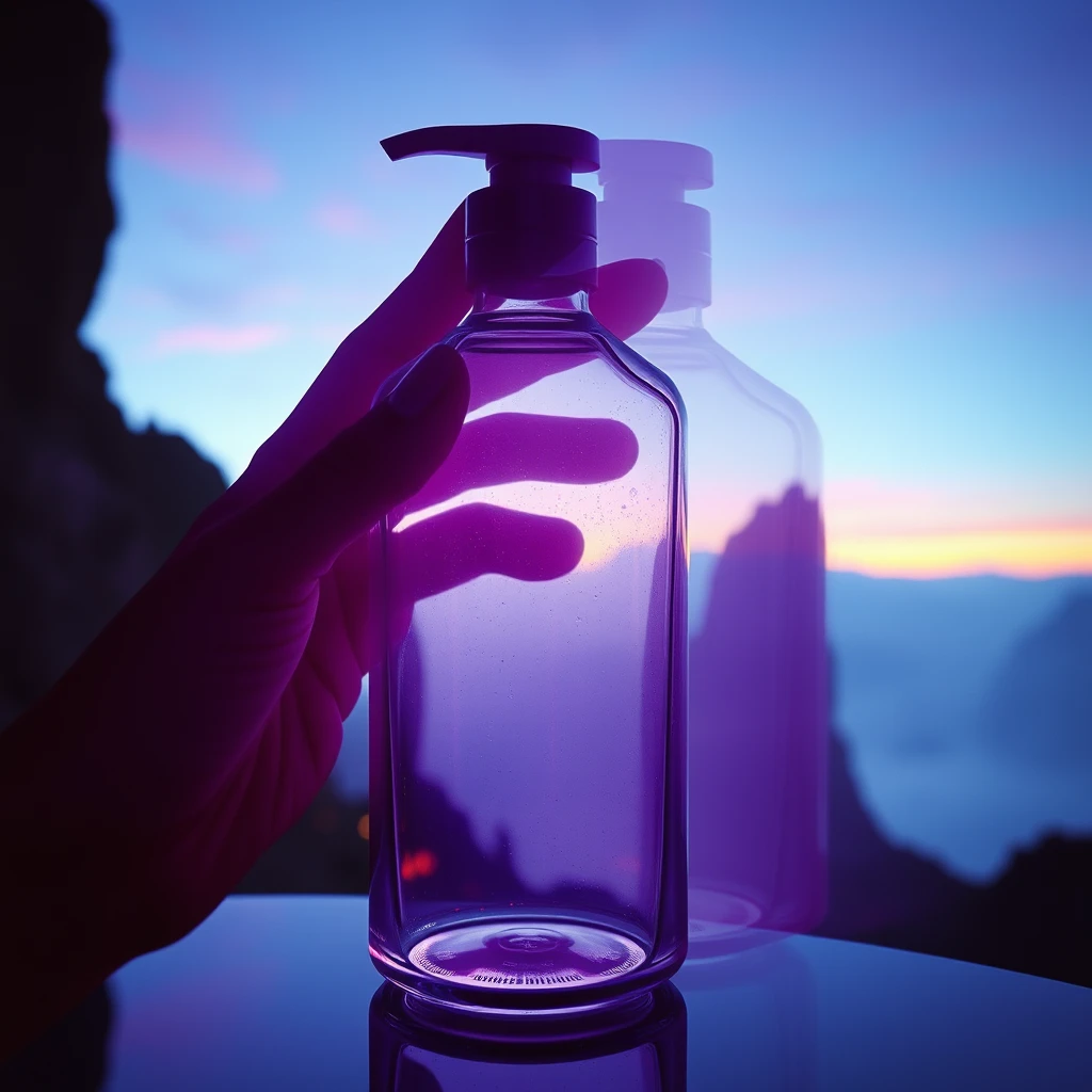 Multiple exposures, the art of Alphonse Mucha, cosmetic glass bottle, violet, rendering, biometrics, science fiction, beautiful scenery, dramatic colors. - Image