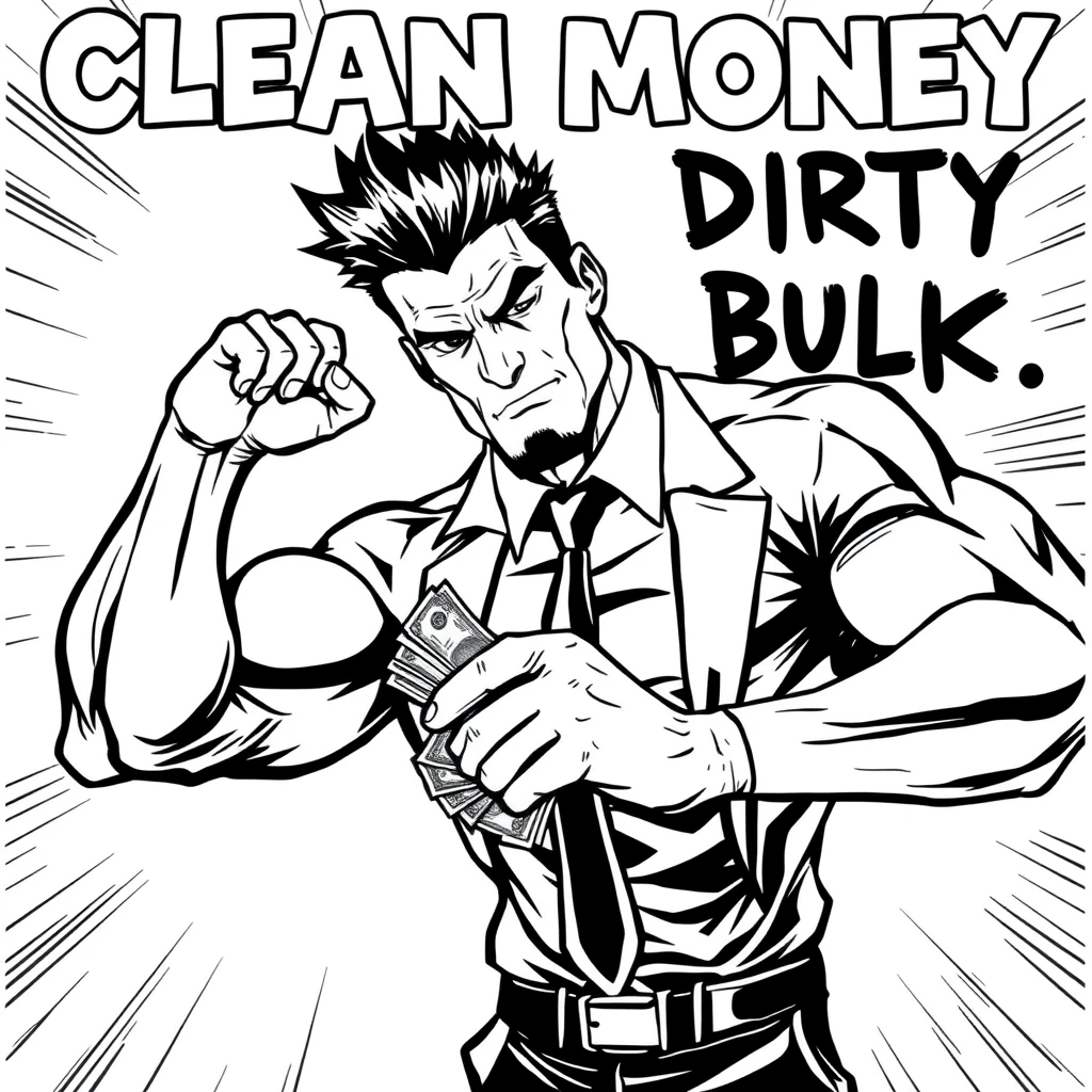 A comic ink black monochromatic style of a muscular business bro flexing while holding a wad of cash. The text says “Clean Money Dirty Bulk.”