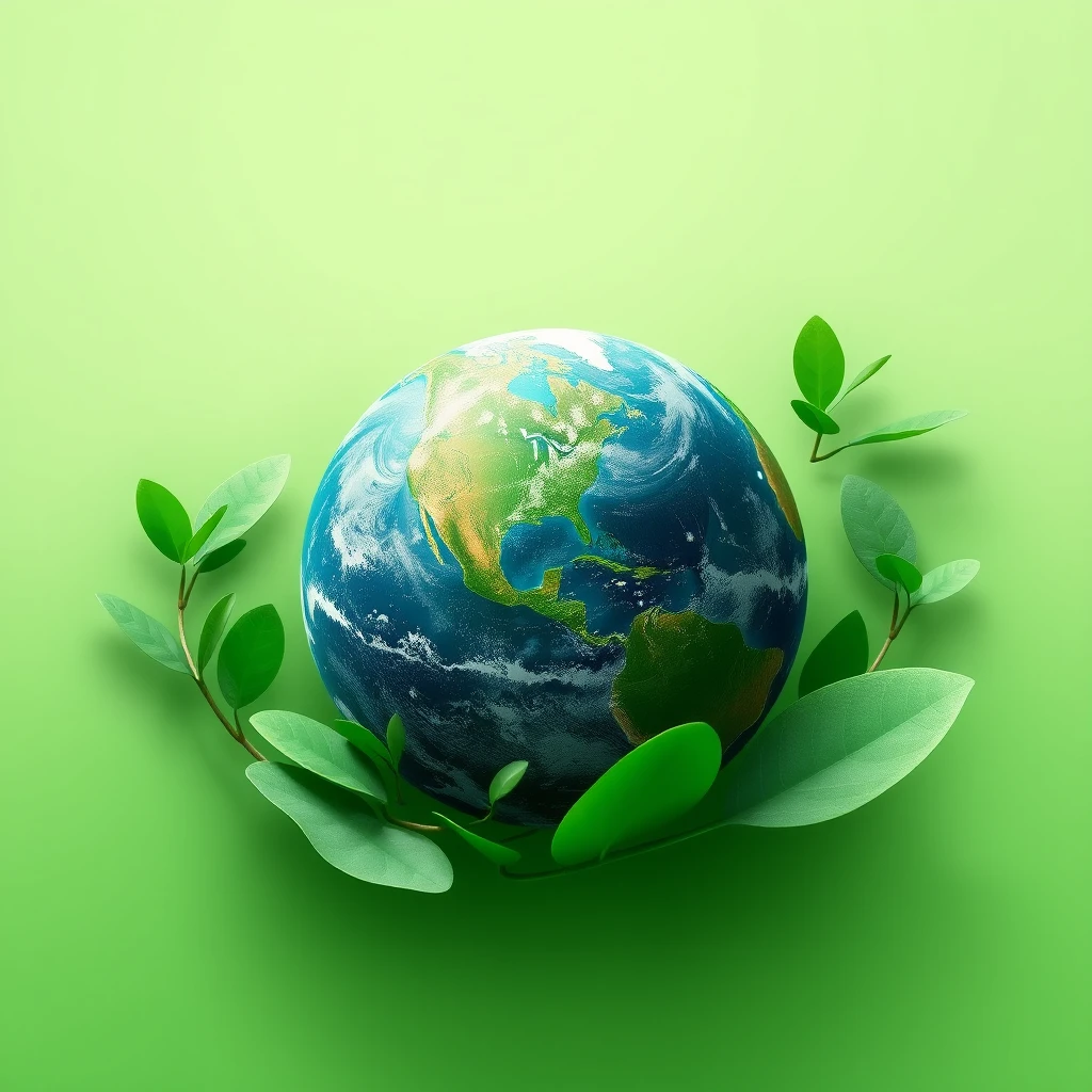 Create a realistic main visual featuring the Earth as the central focus, with green environmental elements surrounding it, in a minimalist style. - Image