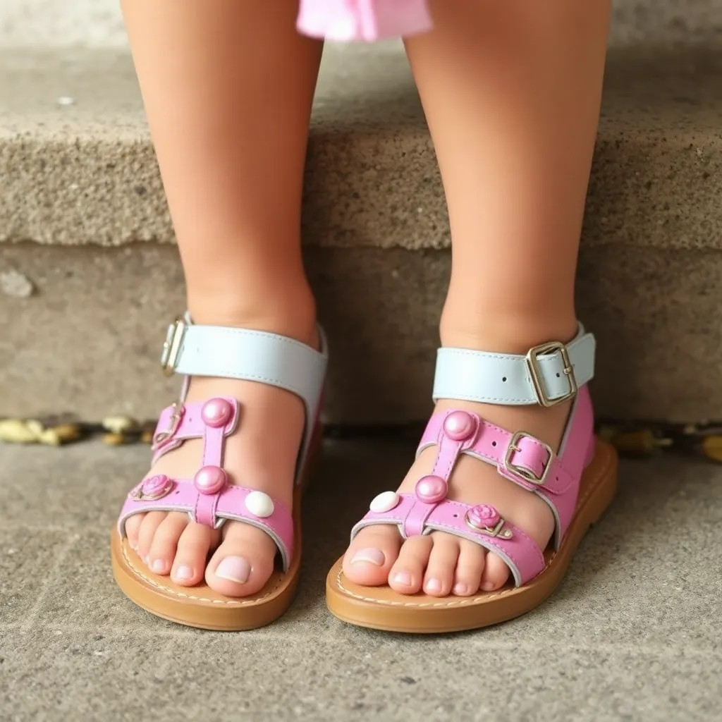 Create a photo: 6 children’s feet wearing Ricosta brand girls' sandals. - Image