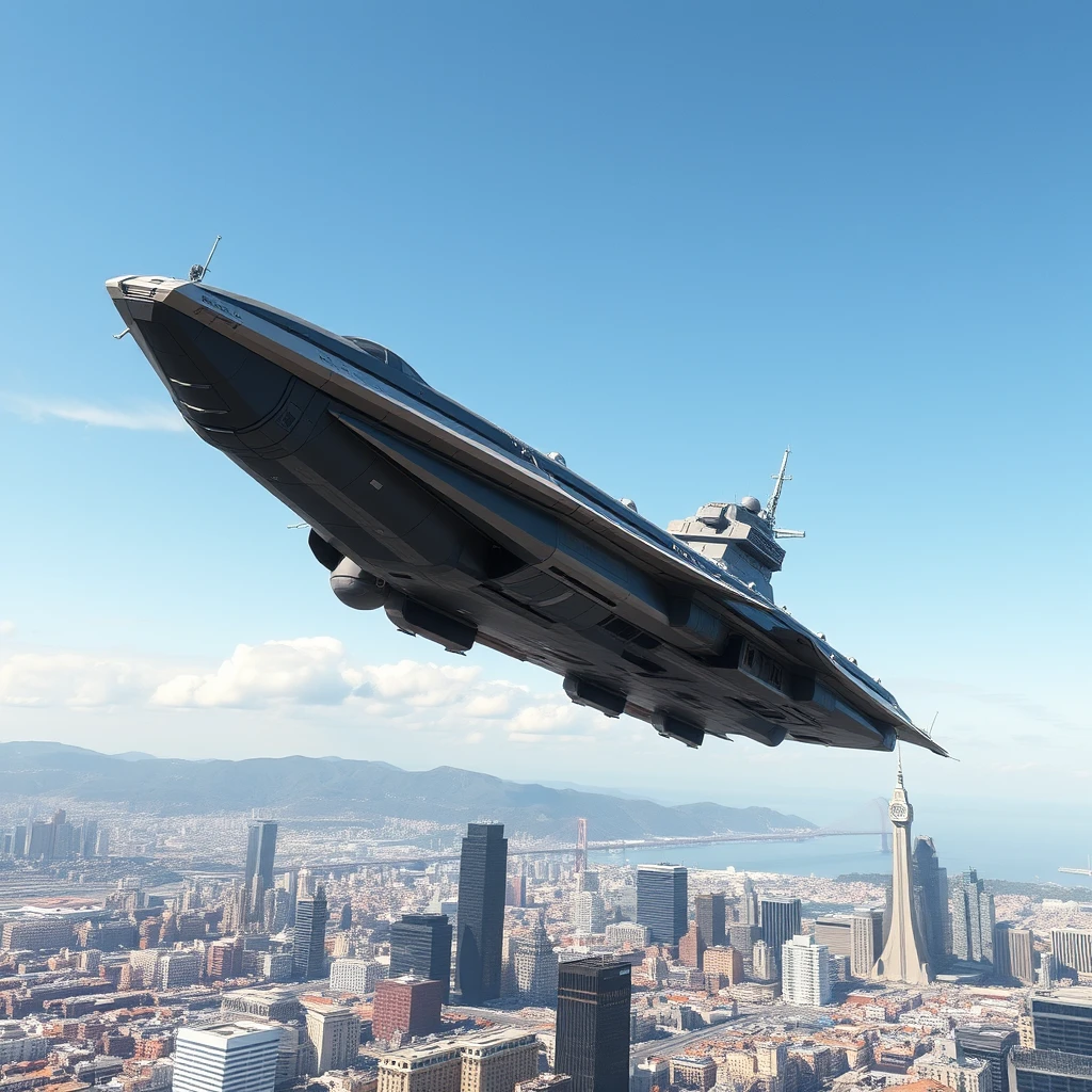 A high quality, photorealistic image of a massive, futuristic airborne warship moving far above San Francisco. It is in the middle of the day, on a bright summer day in San Francisco with little clouds.