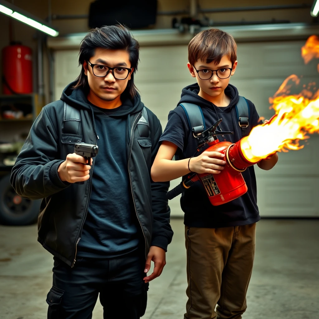 2 person setting, "21 year old northern Chinese man wearing square glasses, mid/long black mullet hair, holding pistol"; "21 year old white Italian boy wearing round glasses, short hair, holding very large fire extinguisher flamethrower", garage setting, both angry. - Image