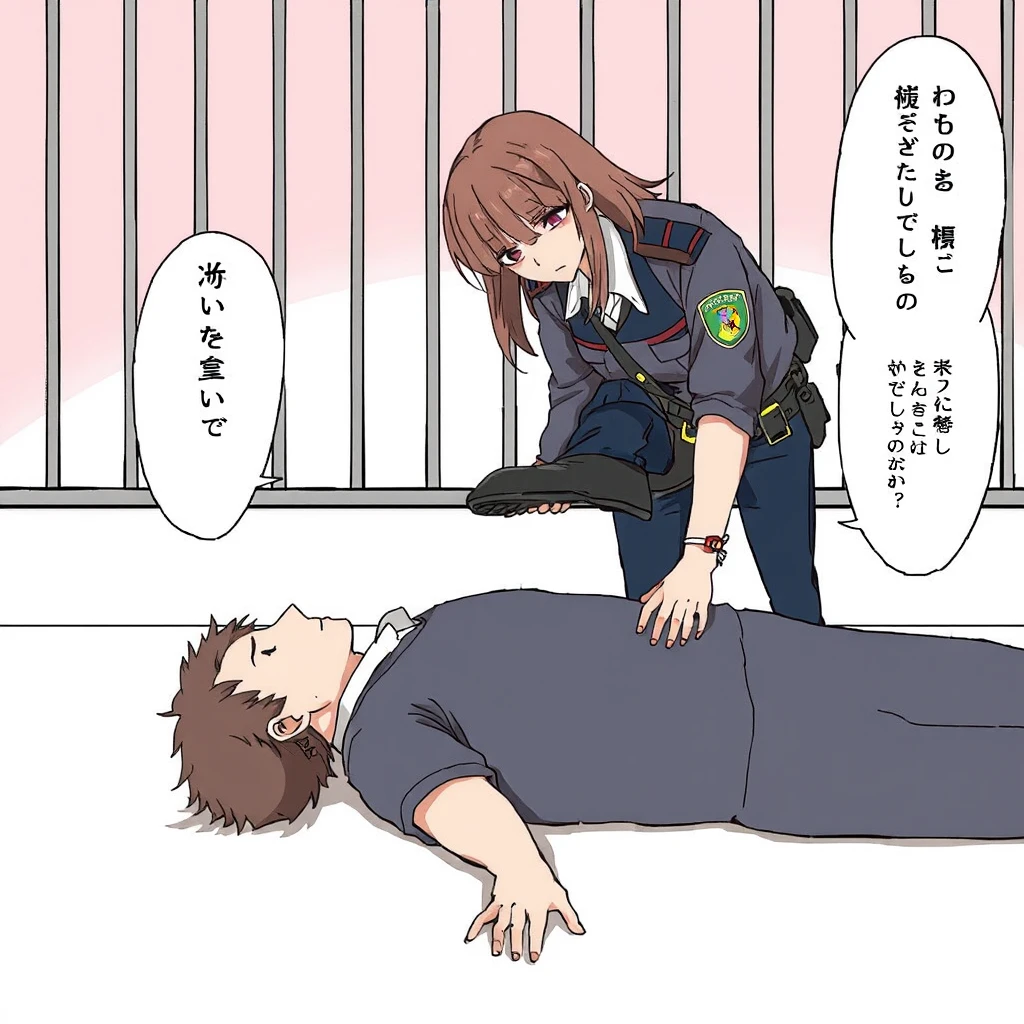 Female domination manga, a woman is a prison guard, a man is a prisoner, lying on the ground, being stepped on the head by the female police.