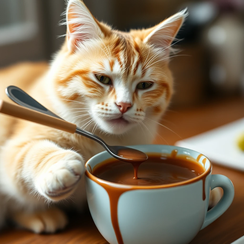 house cat stirring chocolate milk with spoon - Image