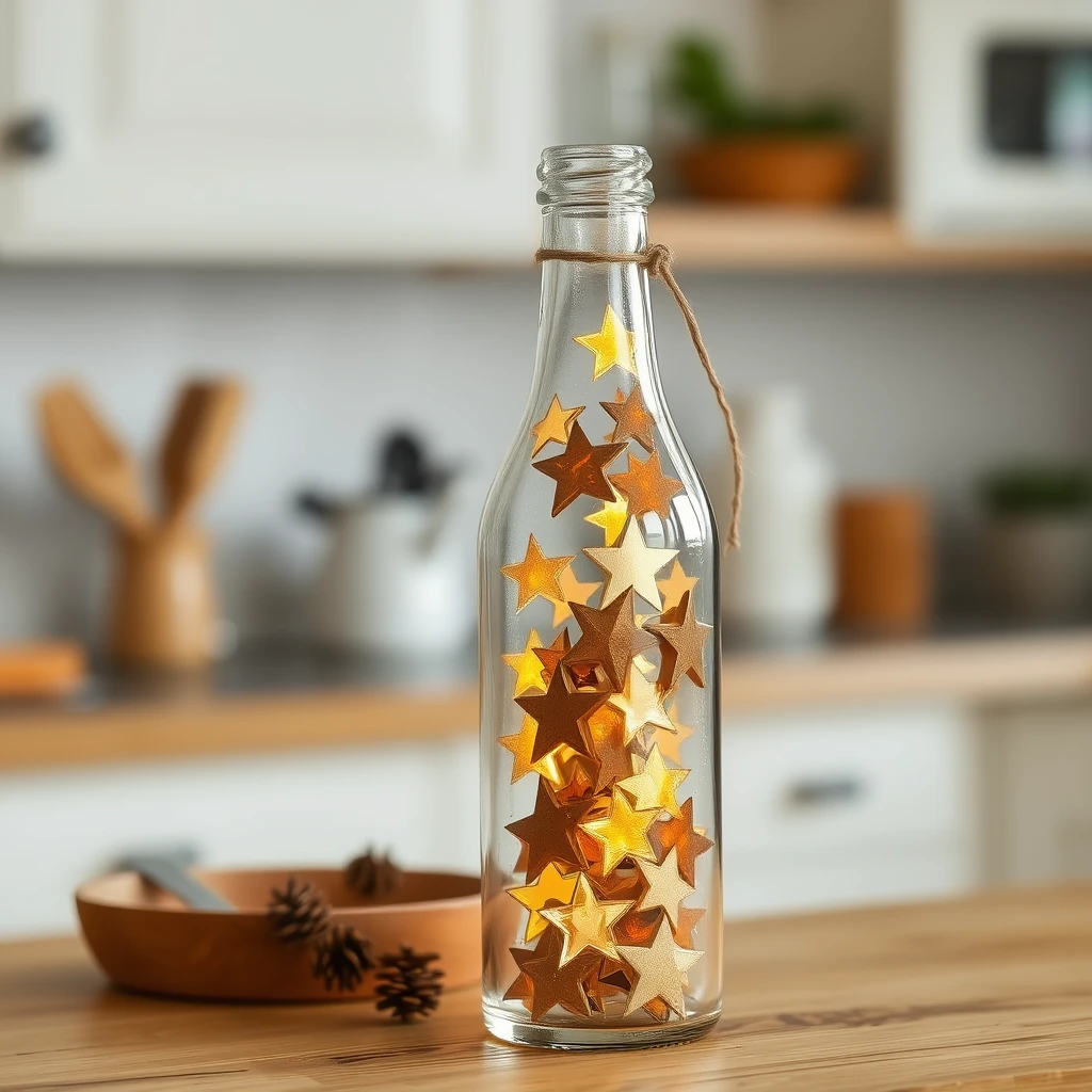 A glass bottle filled with stars in the kitchen