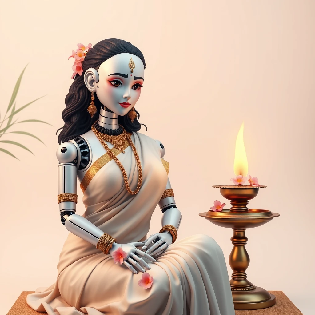 A voluptuous and busty robot lady, in minimalistic Keralite attire and bindi, wishing Onam with delicate flowers and sitting next to a tall traditional brass lamp with wick and oil, from Kerala.