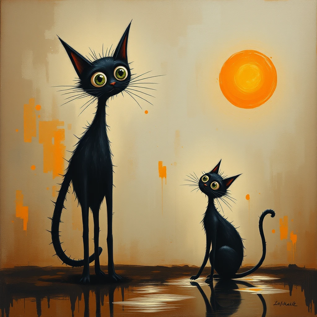 Surreal, abstract painting featuring two black cats with exaggerated, whimsical features. The larger cat stands upright on two legs, with a tall, slender body and a large, round head with wide, expressive eyes. The smaller cat sits on all fours, looking up at the larger cat. Both cats have spiky, unkempt fur and long, thin tails. The background is a mix of earthy tones, with splashes of orange, brown, and gray, creating a textured, dreamlike atmosphere. A bright orange sun or moon is visible in the upper right corner, casting a warm glow. The ground beneath the cats is reflective, suggesting a wet surface or puddle. The overall style is loose and painterly, with visible brushstrokes and drips adding to the abstract feel.