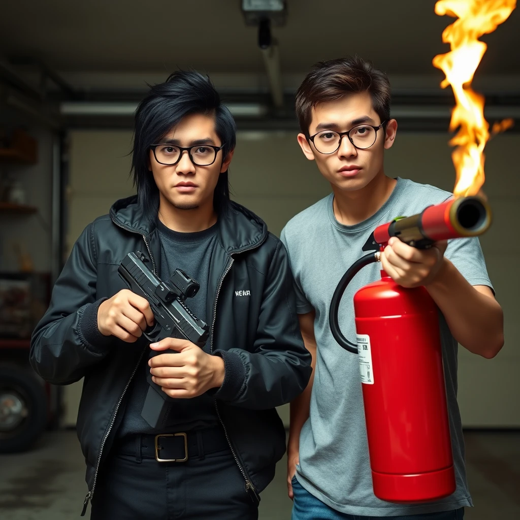 21-year-old northern Chinese man with long black hair mullet, square glasses, holding a tactical pistol; 21-year-old white Italian man with round prescription glasses and short hair holding a very large fire extinguisher flamethrower; garage setting; both angry; murderous intent.