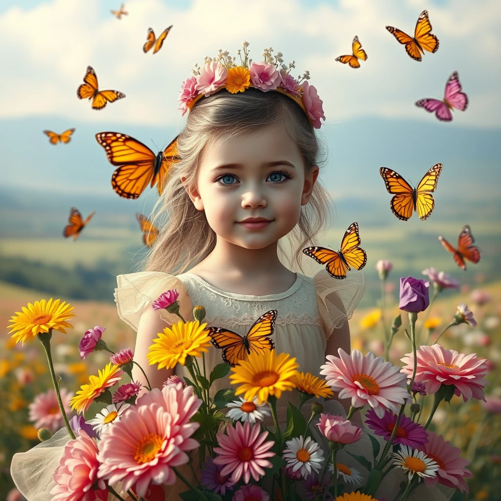 Art photo of a 6-year-old girl, beautiful dress, beautiful flowers, daytime, colorful butterflies, different types of flowers, with a crown on her head, realistic style, vast background, realistic. - Image