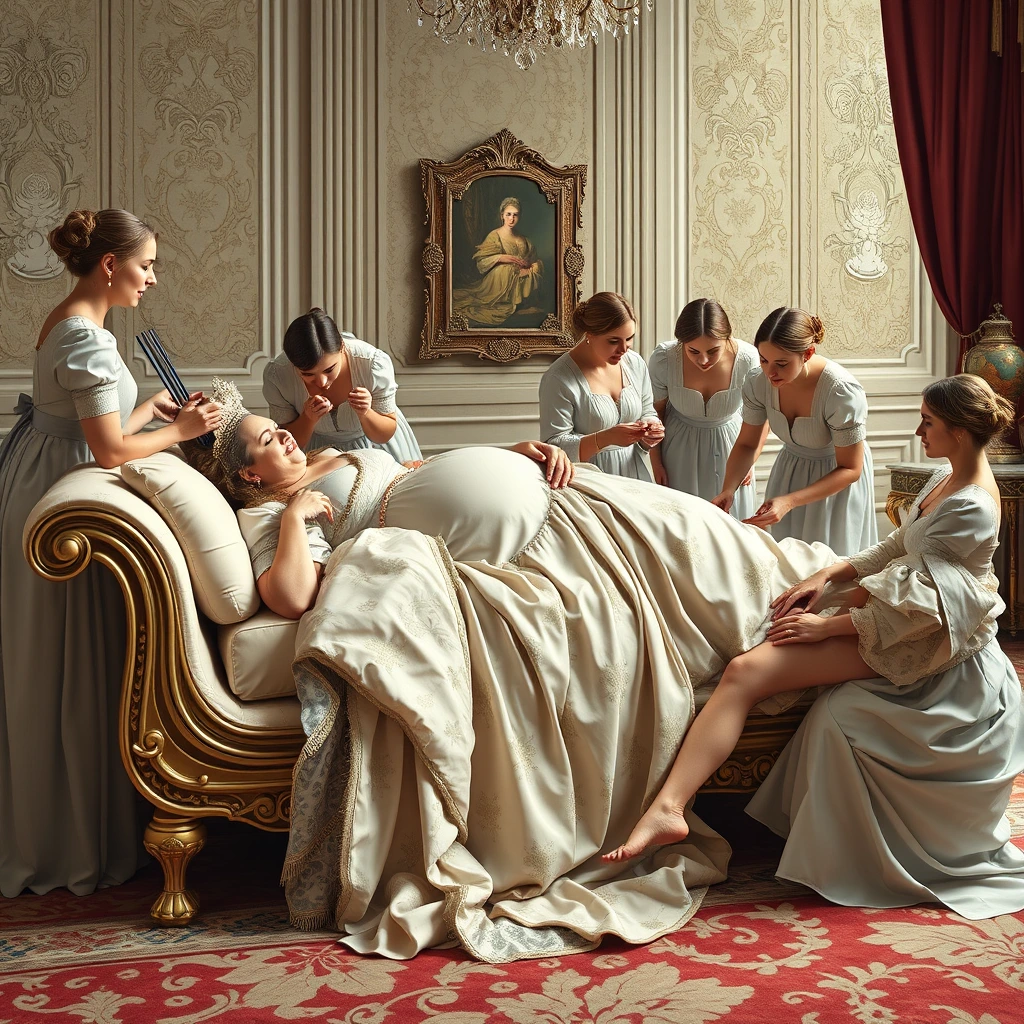 The plump and beautiful queen lies on a luxurious and exquisite chaise lounge, with some palace maids massaging her back, some feeding her fruit, some doing her nails, and some massaging her feet.