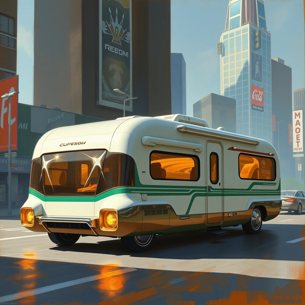 3/4 view, a futuristic RV concept in a city setting, a painting by Syd Mead, 4k, detailed.