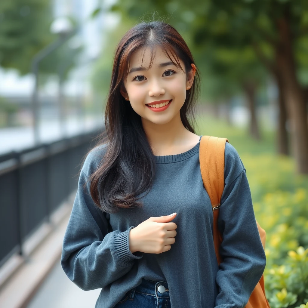 A girl, pretty beautiful, Chinese, 20 years old, college student, full-body shot.