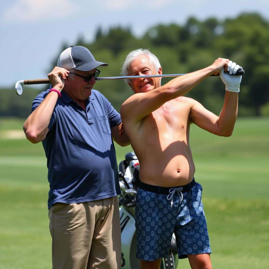 An 80-year-old man is helping a 25-year-old guy with his golf swing while wearing speedos.