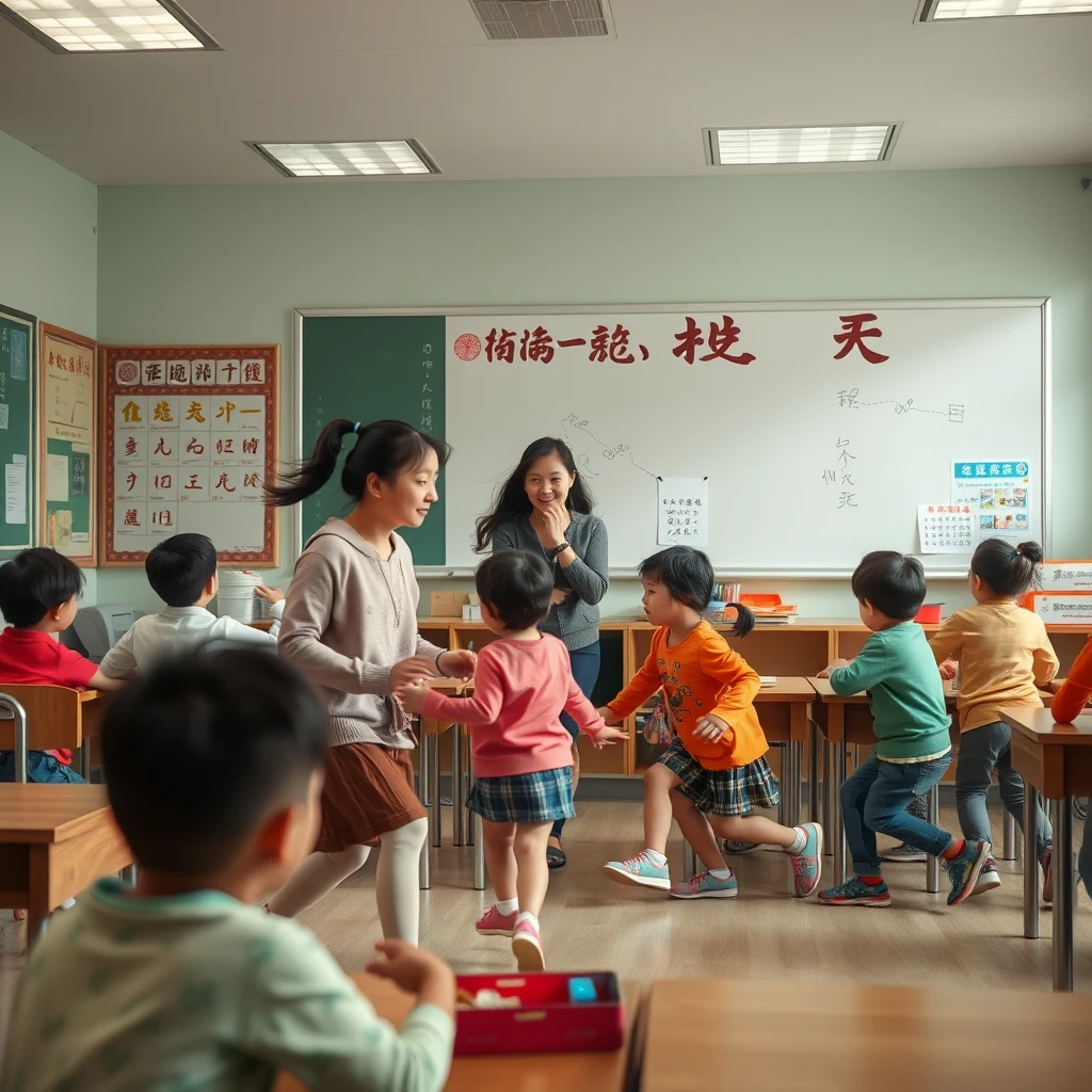 In the classroom, during the break, there are children chasing and playing around, with a beautiful teacher and Chinese characters. There must be a beautiful teacher.