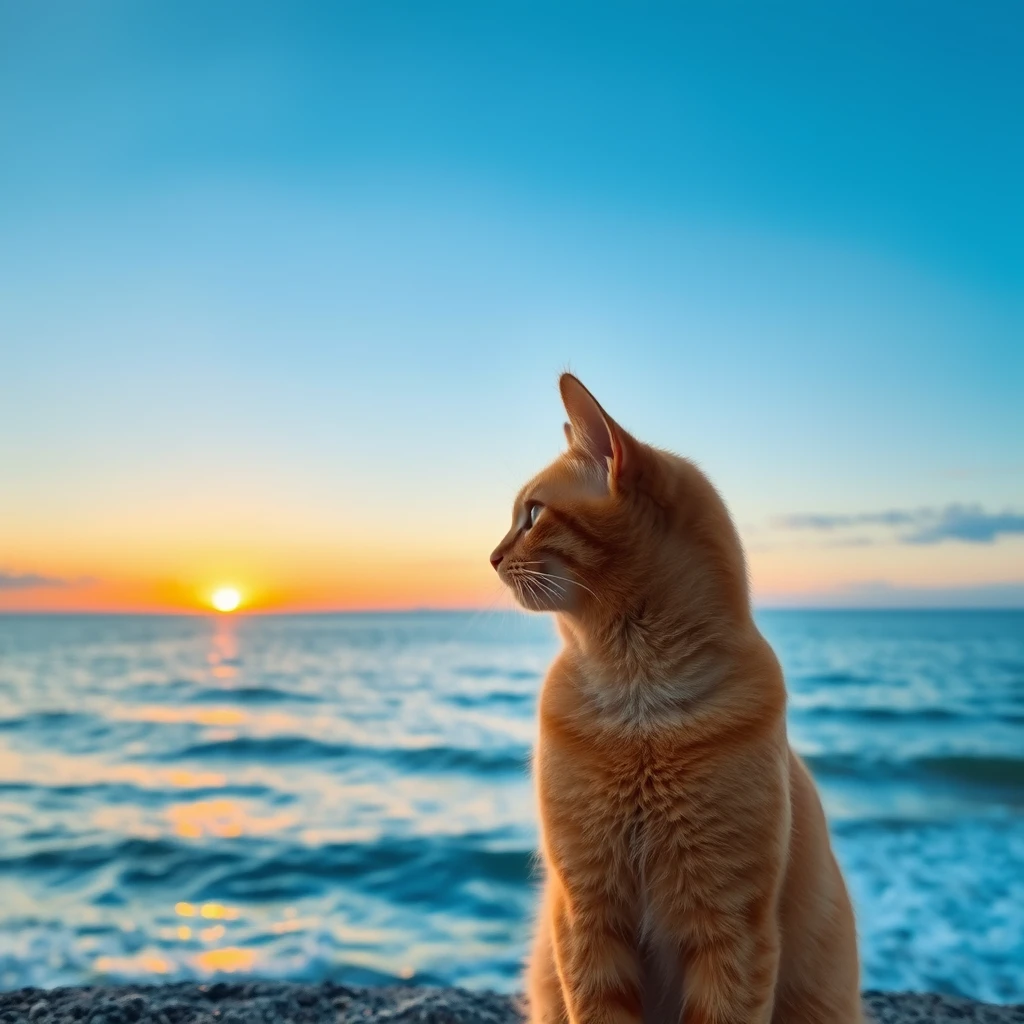 The sea, the sunset, an orange cat.