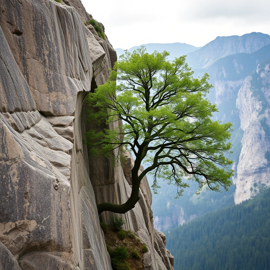 A tree growing out of the side of a mountain.