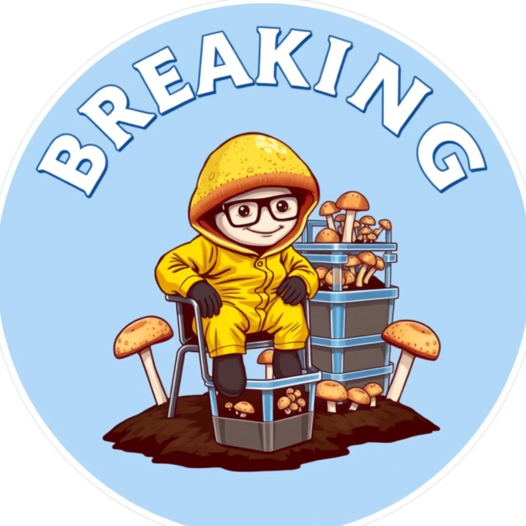 Create a realistic logo featuring a title in big painted typography saying "BREAKING BLUE". In the logo, a realistic brown cap white stem mushroom character wearing a yellow hazmat suit is sitting on a metal chair, facing forward. It has dark rim glasses. Stacked clear rectangular plastic totes are full of brown cap white stem mushrooms growing from brown soil. Circular border. Parodying Breaking Bad.