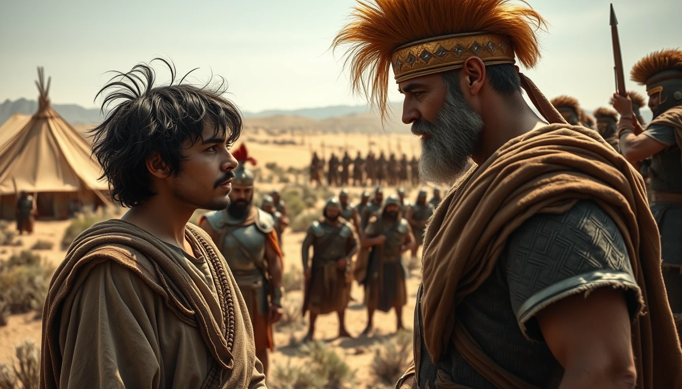 A young man with messy hair is arguing with a middle-aged Mesopotamian king. The young man is dressed in ancient biblical shepherd's attire. Both men are surrounded by a diverse group of men in ancient Israelite Bronze Age soldier armor. In the background are desert tents pitched on a desert shrubland. In the distant horizon stands another army armed and ready to fight. Dramatic lighting. - Image