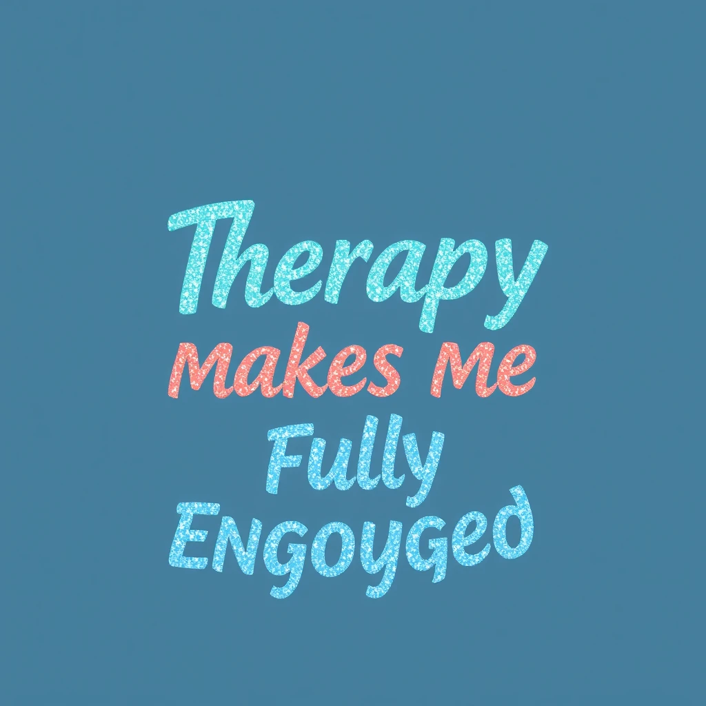 T-shirt design of fantastic vibrant glittery but ethereal text that says "Therapy Makes Me Fully Engorged".