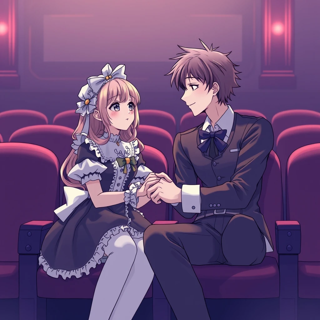 Anime pure lineart, beautiful girl dressed in a Lolita costume and handsome tall boyfriend, sit in the cinema, handshaked. - Image