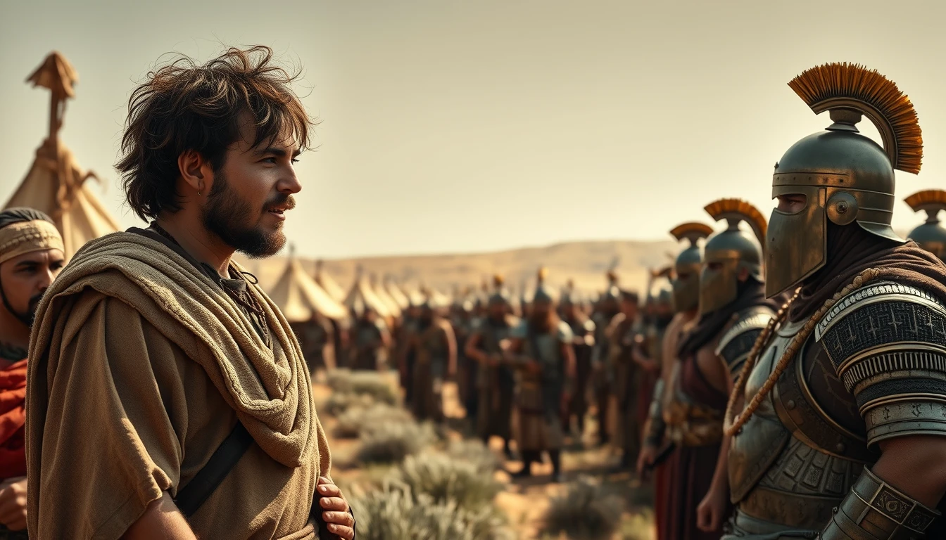 A young man with messy hair is lecturing a middle-aged man. The young man is dressed in ancient biblical shepherd's attire. The middle-aged man is dressed to look like a Mesopotamian soldier king. Both men are surrounded by a diverse group of men in ancient Israelite Bronze Age soldier armor. In the background are Bedouin tents pitched on a desert shrubland. In the distant horizon stands another army armed and ready to fight. Dramatic lighting.